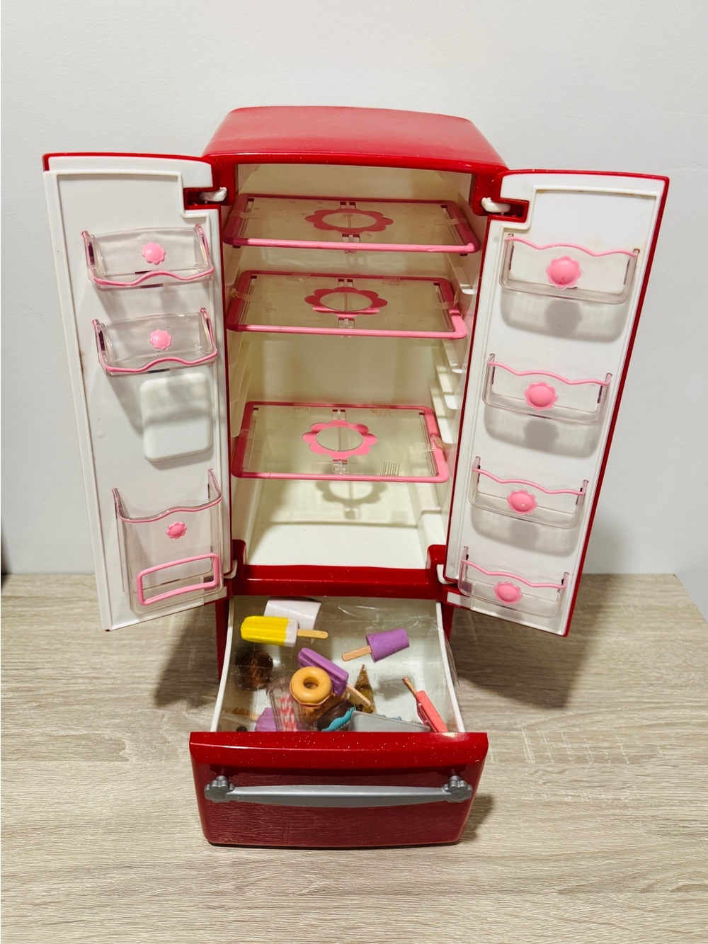 Our Generation Red Sparkle Doll Refrigerator French Door Fridge + Play Food Lot - Picture 3 of 10